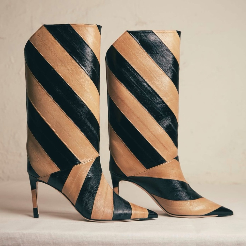 New Jimmy Choo Beren Boot Eel Skin Striped Black and Cognac $1,895 37.5